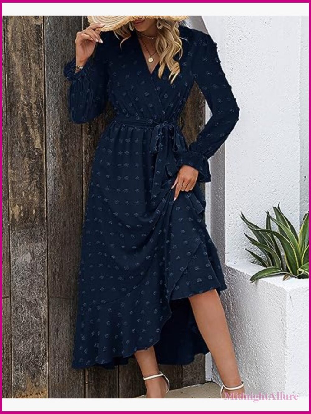 Long Sleeve Maxi Dress Swiss Dot Boho Flowy A-Line Wrap V-Neck - Picture 5 of 7